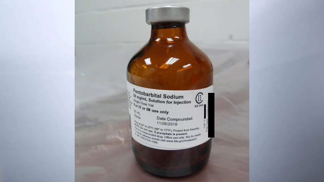 This photo provided by the U.S. Department of Justice shows a vial of pentobarbital used in the executions of two inmates in July 2020, according to court filings. (Department of Justice via AP)