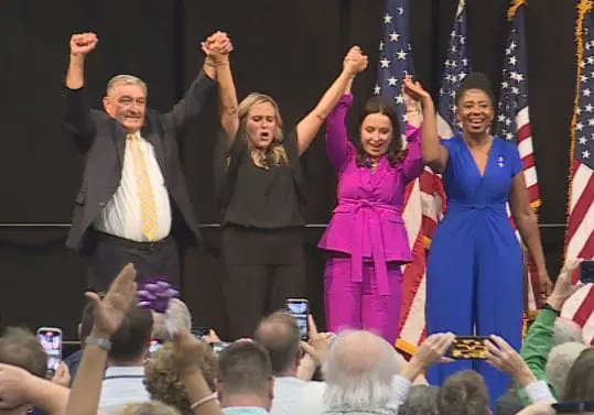 Indiana's Democratic statewide ticket celebrates following Saturday's state party convention. From left: Lieutenant governor candidate Terry Goodin, governor candidate Jennifer McCormick, attorney general candidate Destiny Wells and U.S. Senate candidate Dr. Valerie McCray. (WISH Photo)