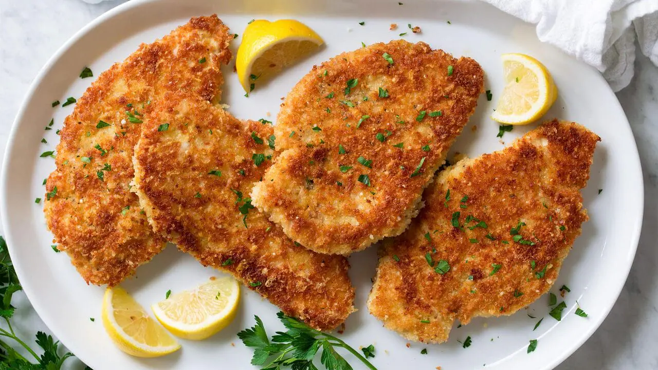 Chicken Parmesan plated with parsley and lemon wedges