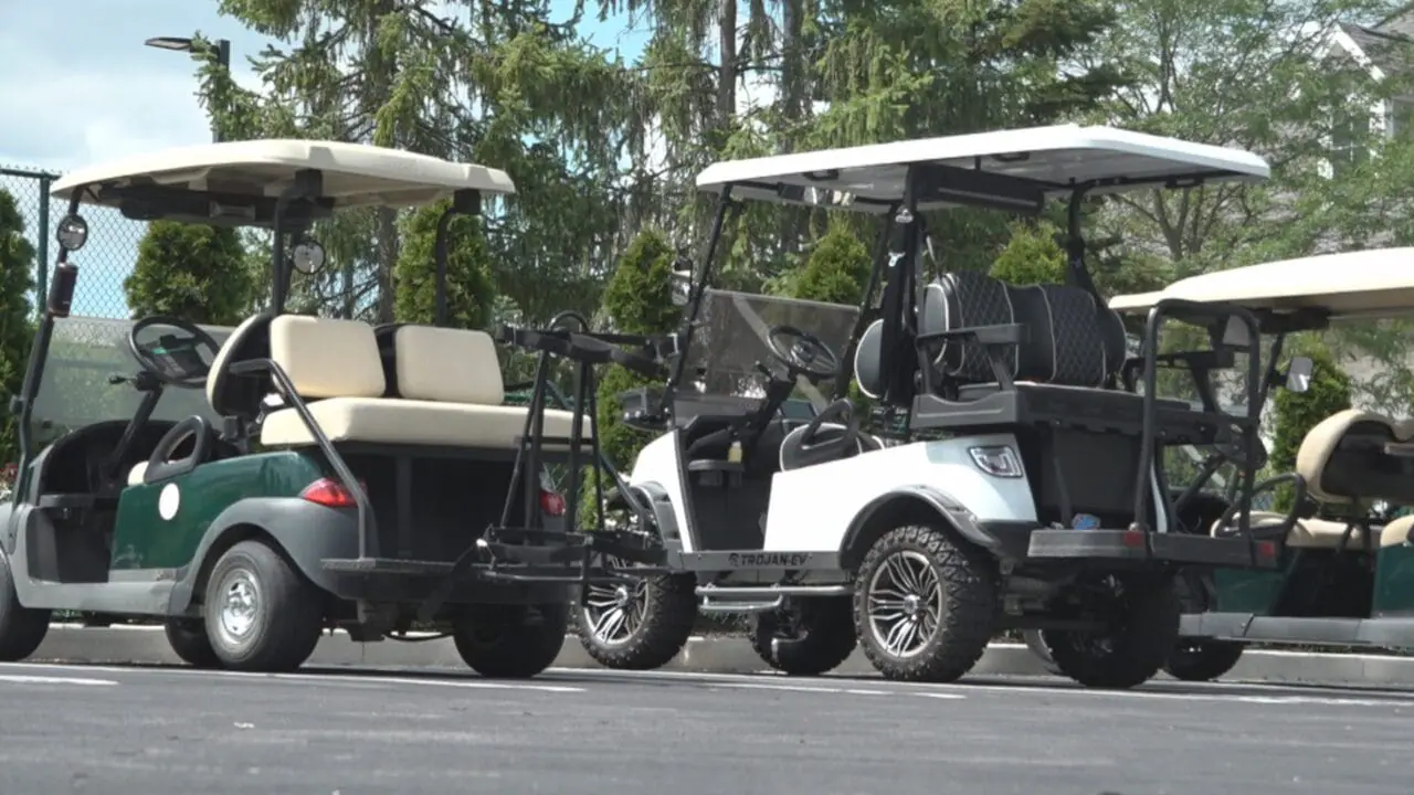 Golf cars are viewed July 19, 2024, in Westfield, Indiana.