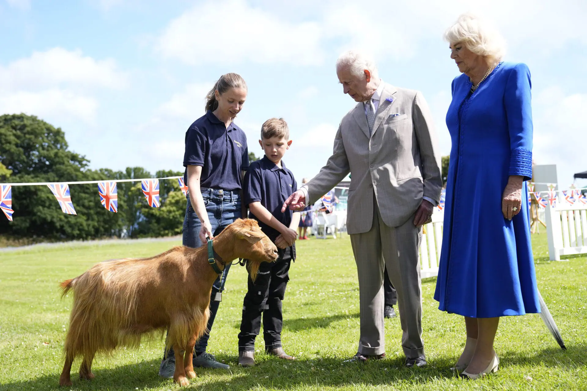 Britain's King Charles III, centre right, and Queen Camilla, right, view a rare Golden Guernsey Goats during a visit to Les Cotils at L'Hyvreuse, in Saint Peter Port, Guernsey during their two day visit to the Channel Islands, Tuesday July 16, 2024. (Andrew Matthews/PA via AP)