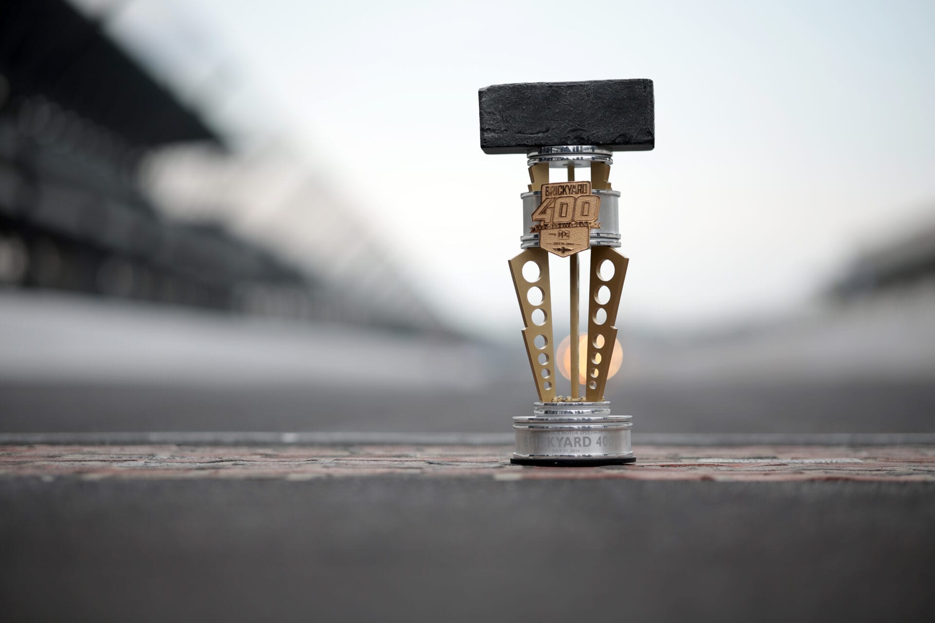 A general view of the Brickyard 400 trophy at the yard of brick after the NASCAR Cup Series Brickyard 400 at Indianapolis Motor Speedway on July 21, 2024 in Indianapolis, Indiana. (Photo by James Gilbert/Getty Images)