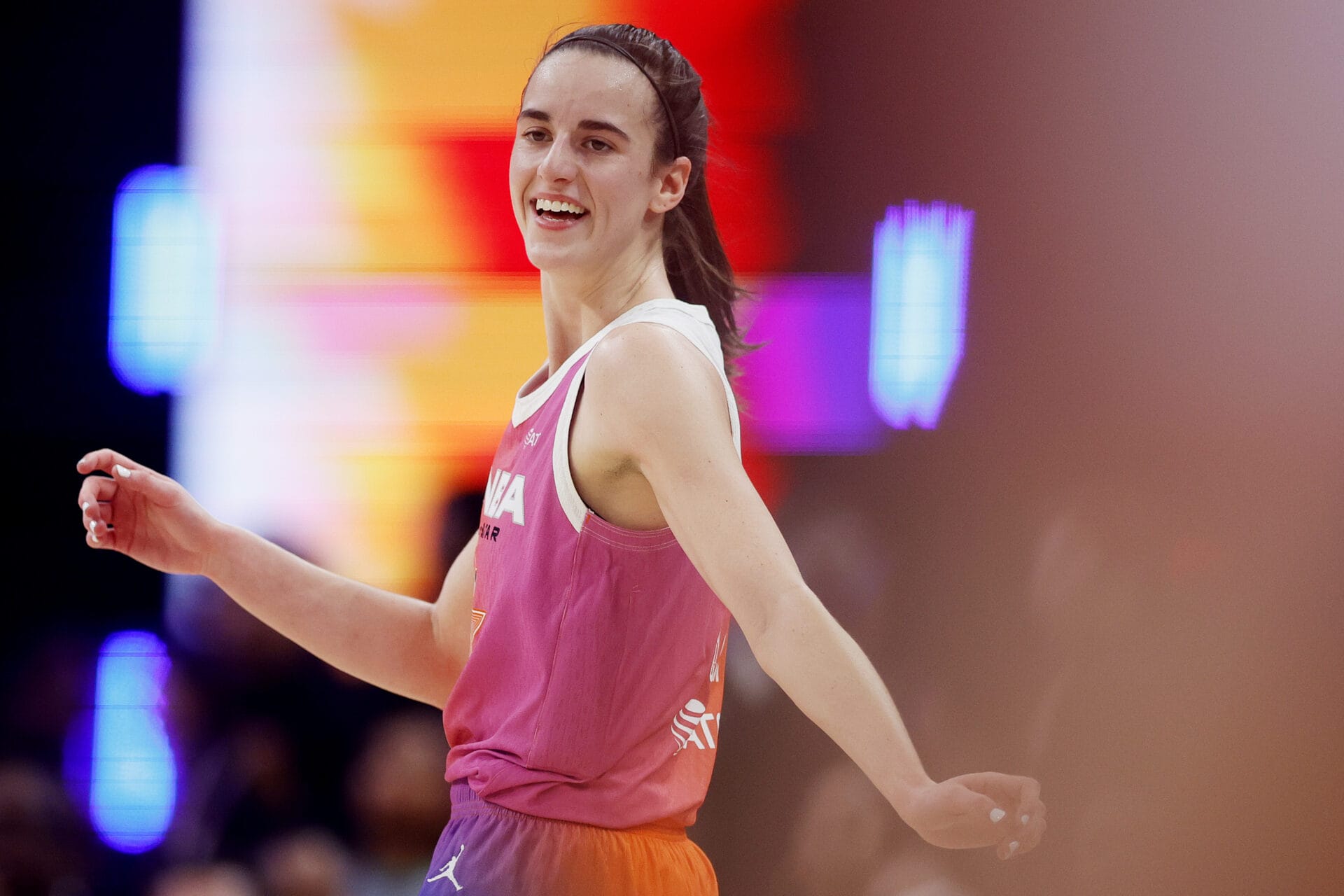 Caitlin Clark #22 of Team WNBA reacts during the first half of the 2024 WNBA All Star Game at Footprint Center on July 20, 2024 in Phoenix, Arizona. (Photo by Alex Slitz/Getty Images)