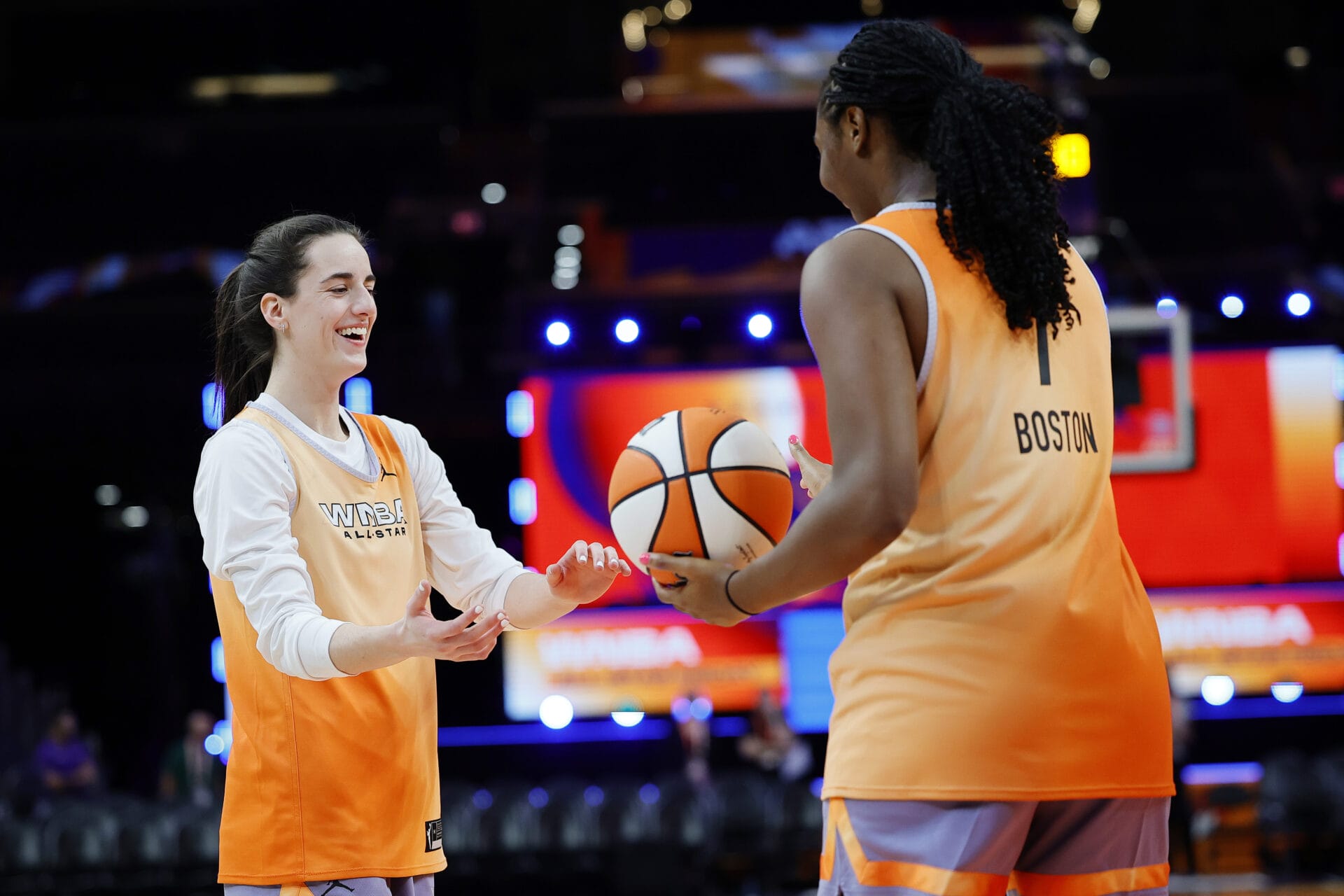 Caitlin Clark #22 of Team WNBA jokes with Aliyah Boston #7 of Team WNBA during a WNBA All-Star Game team practice at Footprint Center on July 19, 2024 in Phoenix, Arizona. (Photo by Alex Slitz/Getty Images)