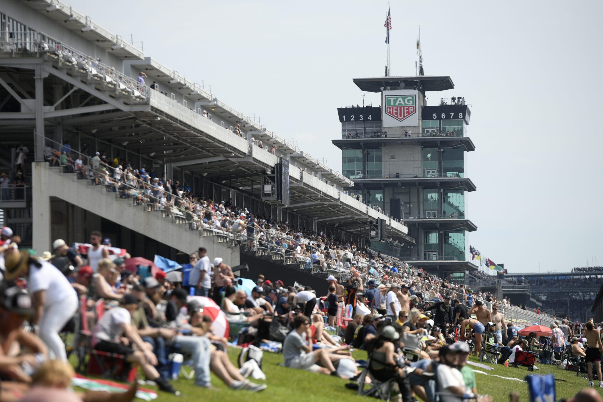 Fans pack the stands and the viewing mounds in front of the pagoda during the NASCAR Cup Series Brickyard 400 on July 21, 2024, at the Indianapolis Motor Speedway in Indianapolis, Indiana. (Photo by Michael Allio/Icon Sportswire via Getty Images)