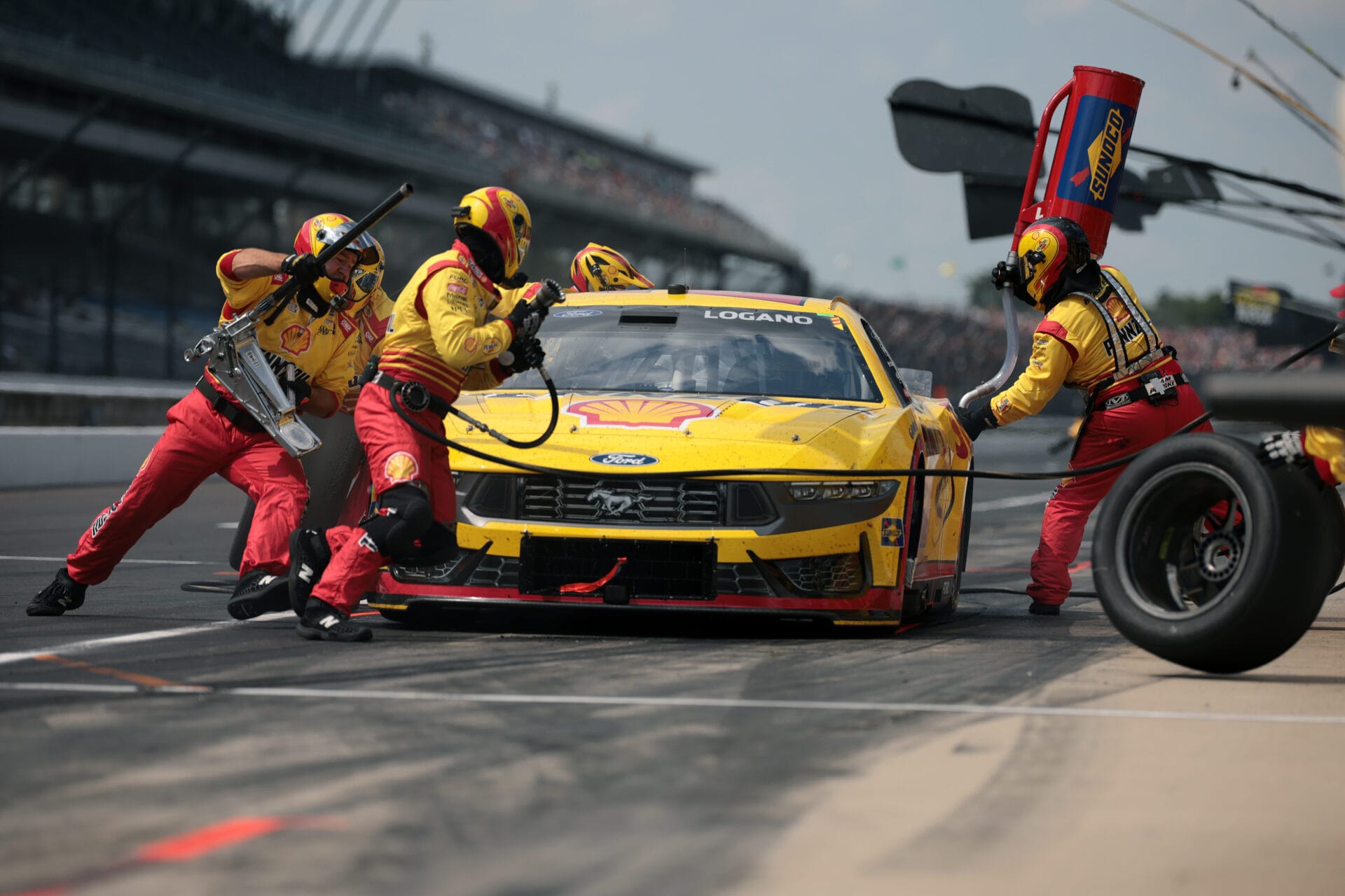 Joey Logano, driver of the #22 Shell Pennzoil Ford, drives during the NASCAR Cup Series Brickyard 400 at Indianapolis Motor Speedway on July 21, 2024 in Indianapolis, Indiana. (Photo by James Gilbert/Getty Images)
