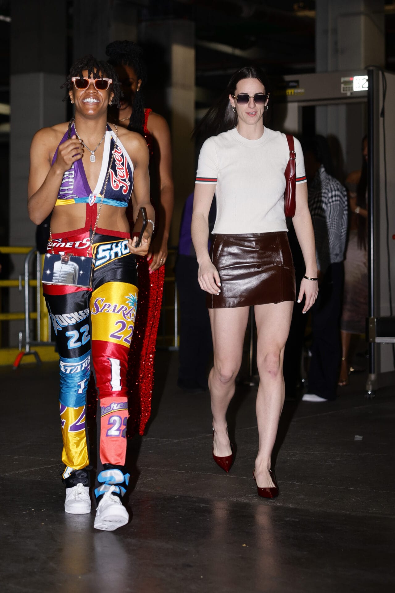 (L-R) Kelsey Mitchell #0 of the Indiana Fever and Caitlin Clark #22 of the Indiana Fever arrive aheaqd of the 2024 WNBA All-Star game at Footprint Center on July 20, 2024 in Phoenix, Arizona. (Photo by Alex Slitz/Getty Images)