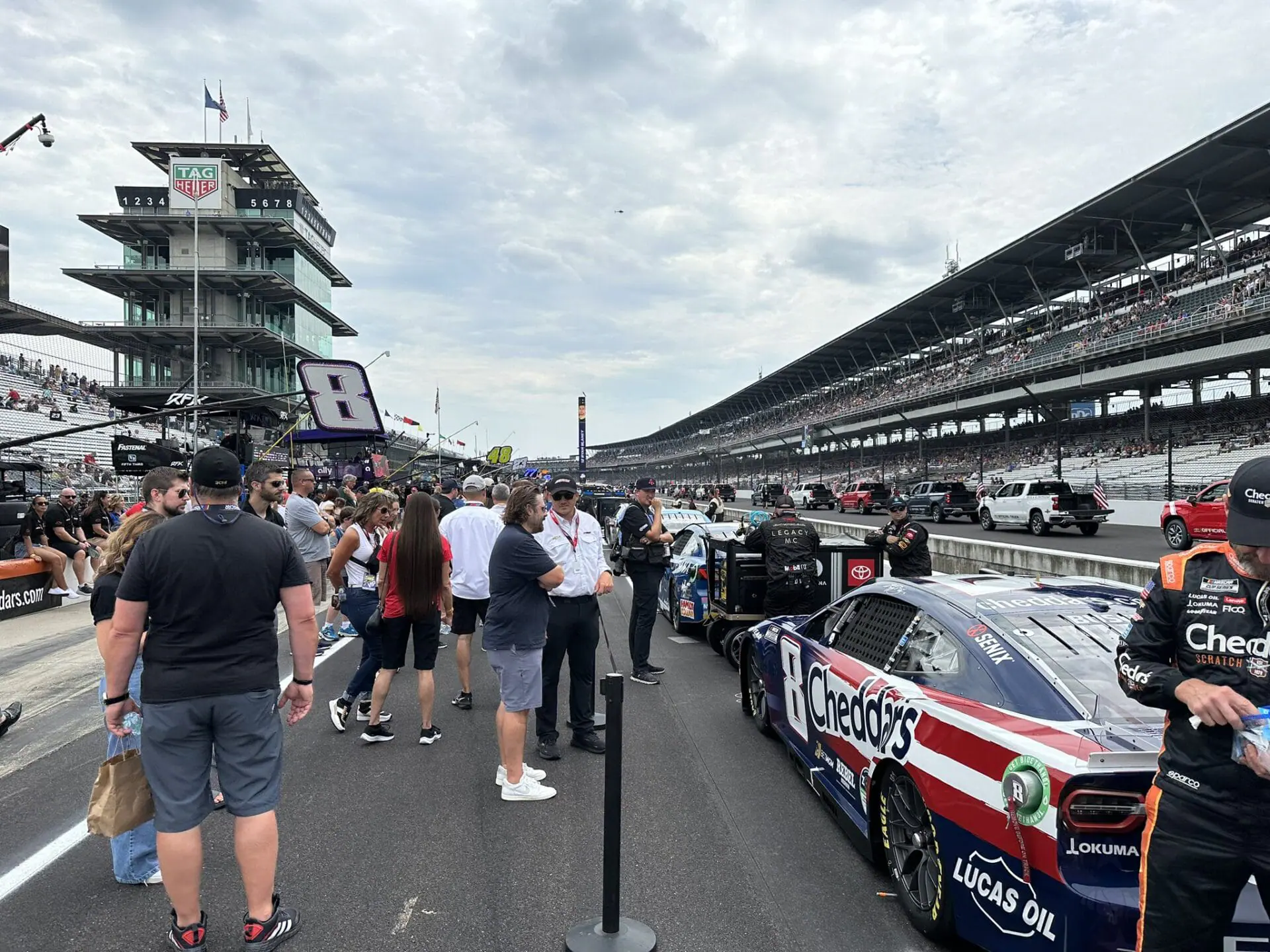 The No. 8 Cheddars Chevrolet of Richard Childress Racing's Kyle Busch sits parked on pit road before the start of the Brickyard 400 on July 21, 2024. Busch, a two-time winner at the Brickyard, finished 25th. (WISH Photo/Andrew Chernoff)