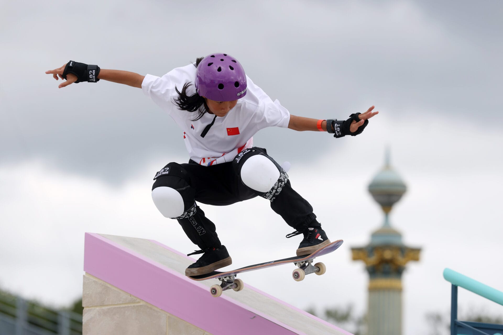 Chenxi Cui of Team China practices Skateboarding Stree at La Concorde ahead of the Paris Olympic Games on July 23, 2024 in Paris, France. (Photo by Lars Baron/Getty Images)