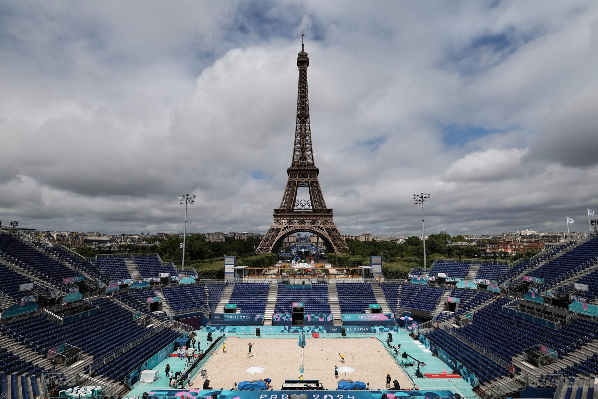 A general view of the Beach Volleyball venue at Jardin de la Tour Eiffel ahead of the Paris Olympics Games on July 23, 2024 in Paris, France. The city is preparing to host the XXXIII Olympic Summer Games from July 26 to August 11. (Photo by Cameron Spencer/Getty Images)
