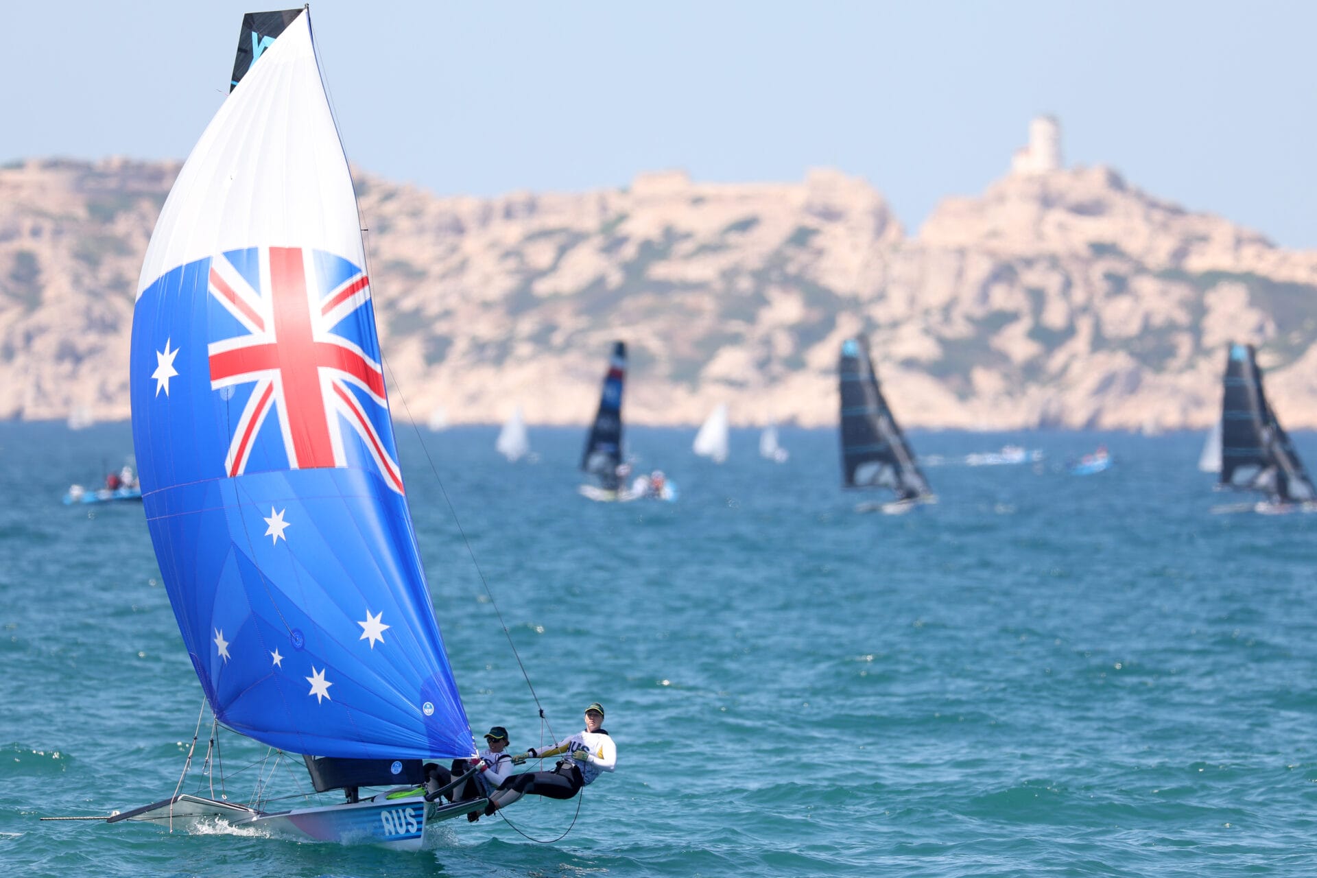 Jim Colley and Shaun Connor of Australia sail their Men's Skiff during a training session at the Marseille Marina on July 23, 2024 in Marseille, France. (Photo by Phil Walter/Getty Images)