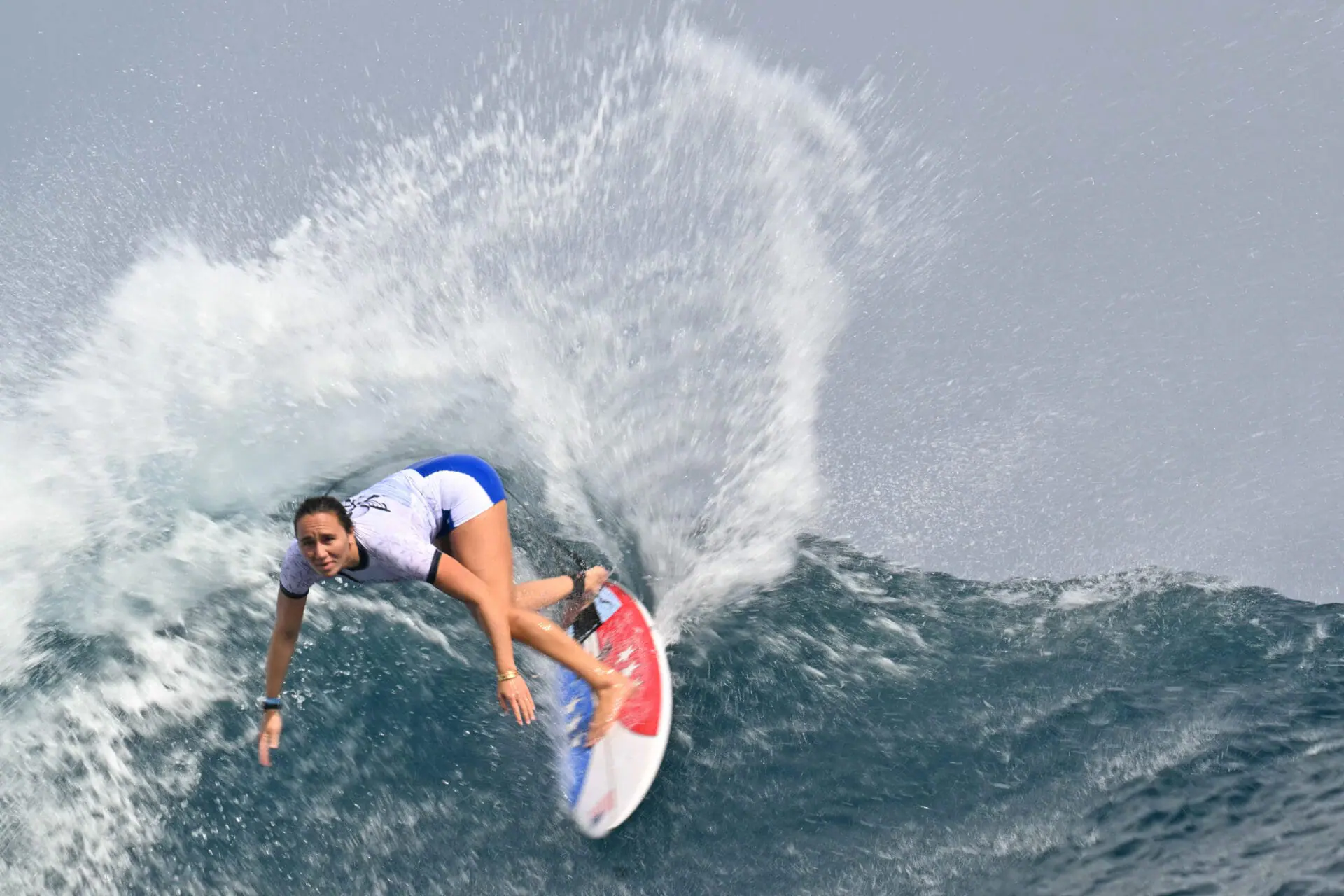 US surfer Carissa Moore takes part in a surfing training session in Teahupo'o, on the French Polynesian Island of Tahiti, on July 22, 2024, ahead of the Paris 2024 Olympic Games. (Photo by Jerome BROUILLET / POOL / AFP)