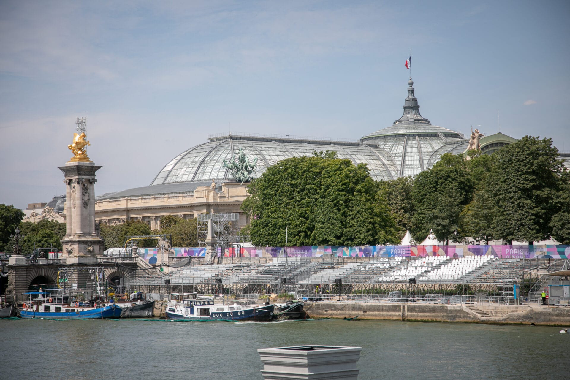 Bleachers were installed on the quay of the Seine river near Grand Palais area in Paris, France on July 18, 2024. A protected area has been created for the opening ceremony of the Paris 2024 Olympic Games. (Photo by Victoria Valdivia / Hans Lucas / Hans Lucas via AFP)
