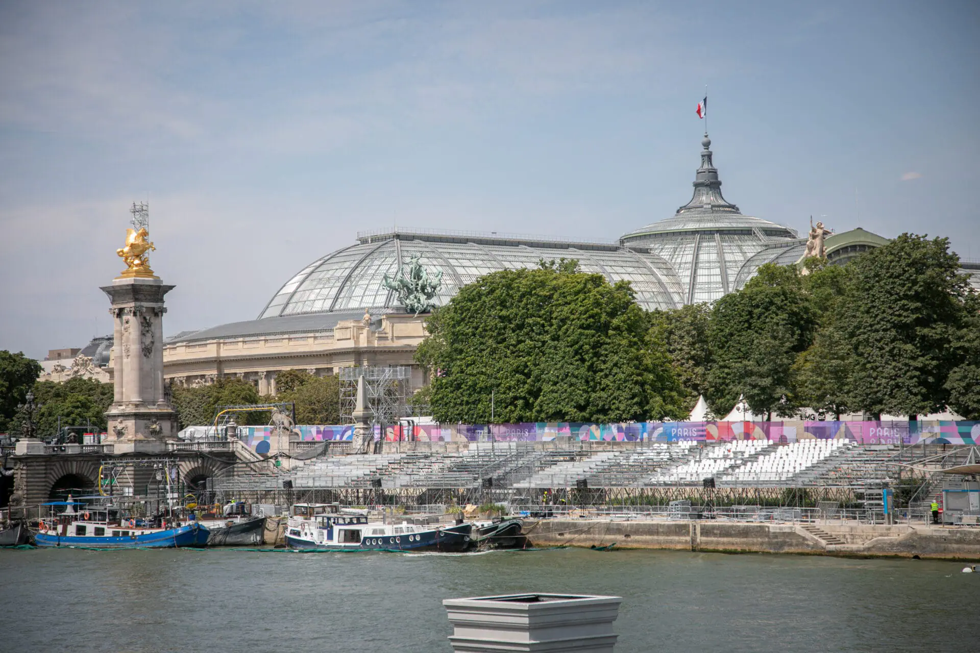 Bleachers were installed on the quay of the Seine river near Grand Palais area in Paris, France on July 18, 2024. A protected area has been created for the opening ceremony of the Paris 2024 Olympic Games. (Photo by Victoria Valdivia / Hans Lucas / Hans Lucas via AFP)