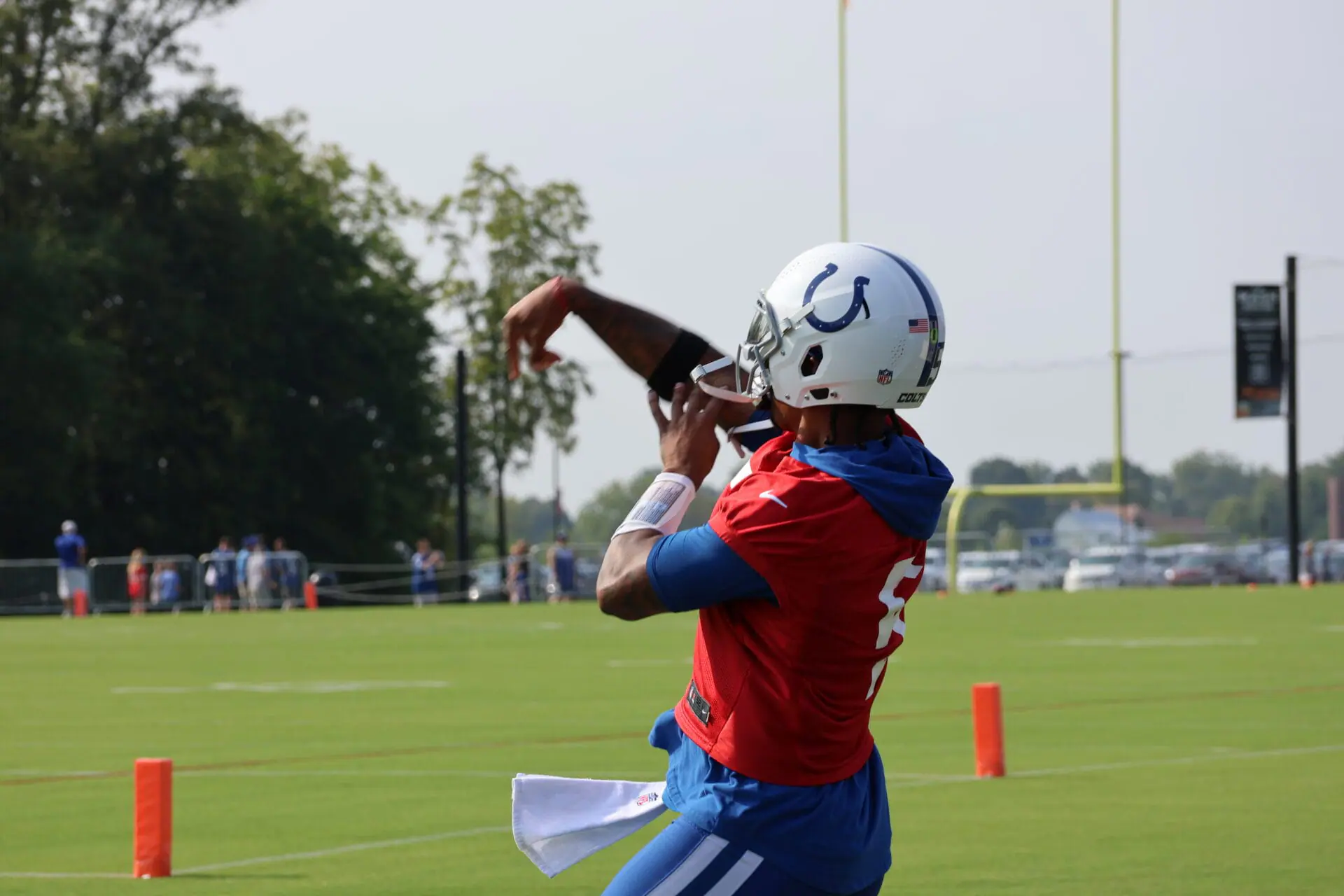 Anthony Richardson warms up before the first day of Colts training camp. The Colts have moved Friday's training camp practice session indoors due to recent heavy rain. (WISH Photo/Josh Bode)