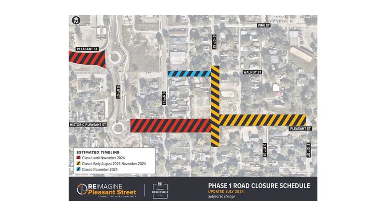 New closures are coming to Noblesville as part of the Reimagine Pleasant Street Project. A roundabout will be constructed at the intersection of 10th Street and Pleasant Street. Restrictions will begin on or after Aug. 2 and last until November 2024. (Provided Photo/American Structurepoint)