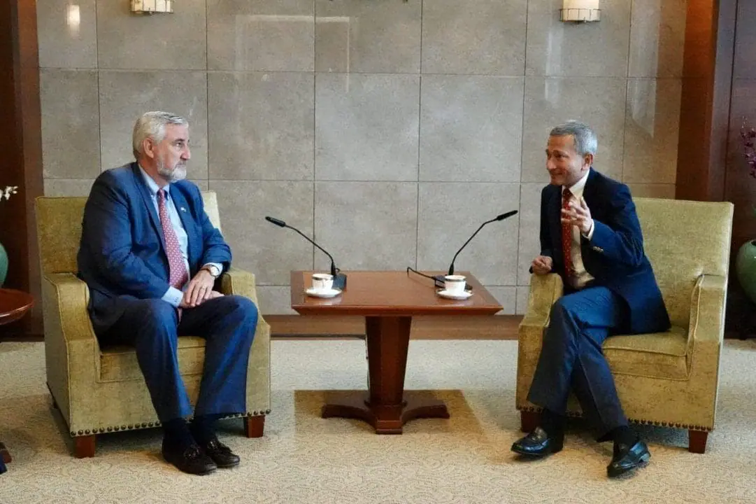 Indiana Gov. Eric Holcomb (L) meets with Dr. Vivian Balakrishnan, Singapore's Minister for Foreign Affairs, to discuss diplomatic relations and future economic cooperation. The visit to Singapore is part of the governor's latest trip to drum up international business partnerships. (Provided Photo/Gov. Holcomb on X)