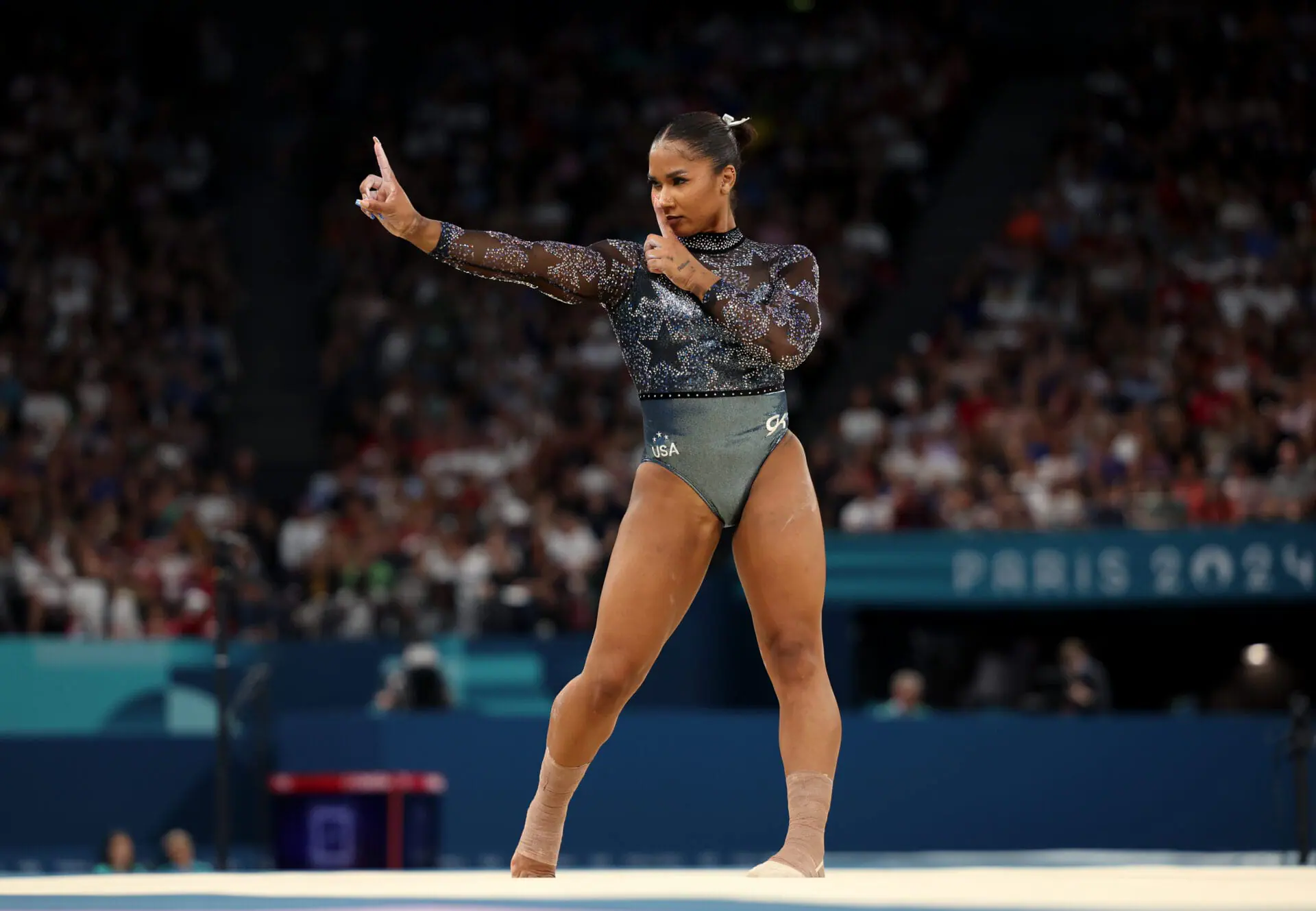 PARIS, FRANCE - JULY 28: Jordan Chiles of Team United States competes in the floor exercise during the Artistic Gymnastics Women's Qualification on day two of the Olympic Games Paris 2024 at Bercy Arena on July 28, 2024 in Paris, France.