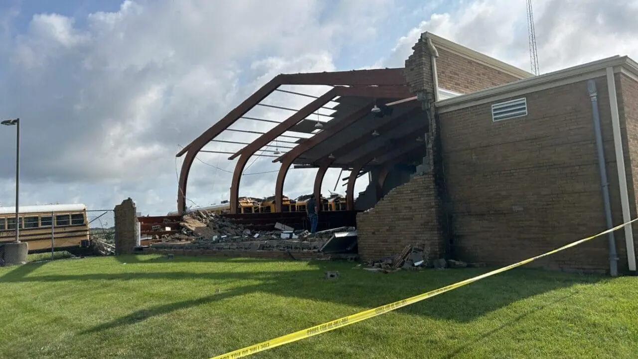 The National Weather Service in Indianapolis is asking Hoosiers for reports of damage caused by severe storms that moved through central Indiana late Monday evening. Strong storms on Monday night caused damage to the Frankton Lapel Schools Administration building east of Perkinsville. (WISH Photo/Cat Sandoval)