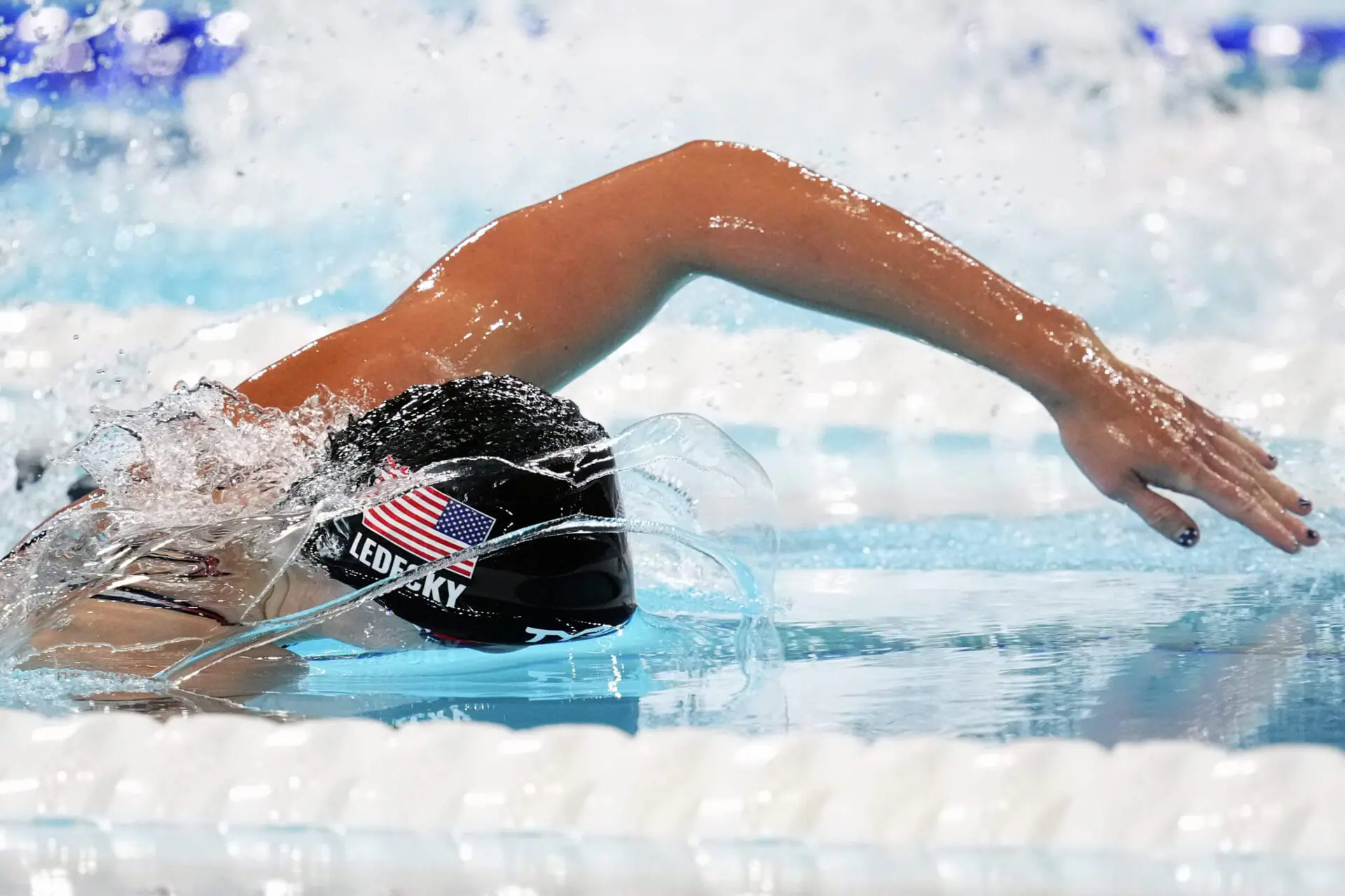 Katie Ledecky, of the United States, competes in the women's 1500-meter freestyle final at the 2024 Summer Olympics, Wednesday, July 31, 2024, in Nanterre, France. (AP Photo/Petr David Josek)