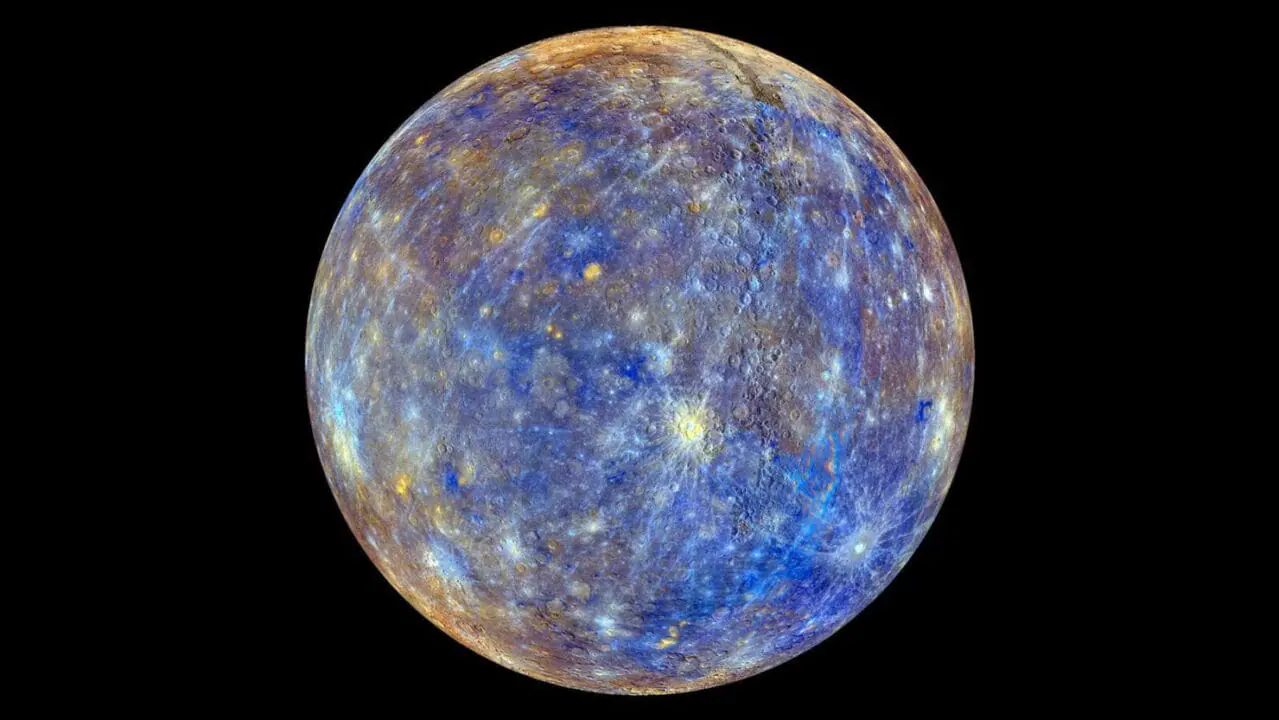 This composite view of Mercury, captured during MESSENGER's primary mission, includes colors that enhance the chemical, mineralogical and physical differences between the rocks that make up the planet's surface. (Photo by NASA/Johns Hopkins University Applied Physics Laboratory/Carnegie Institution of Washington)