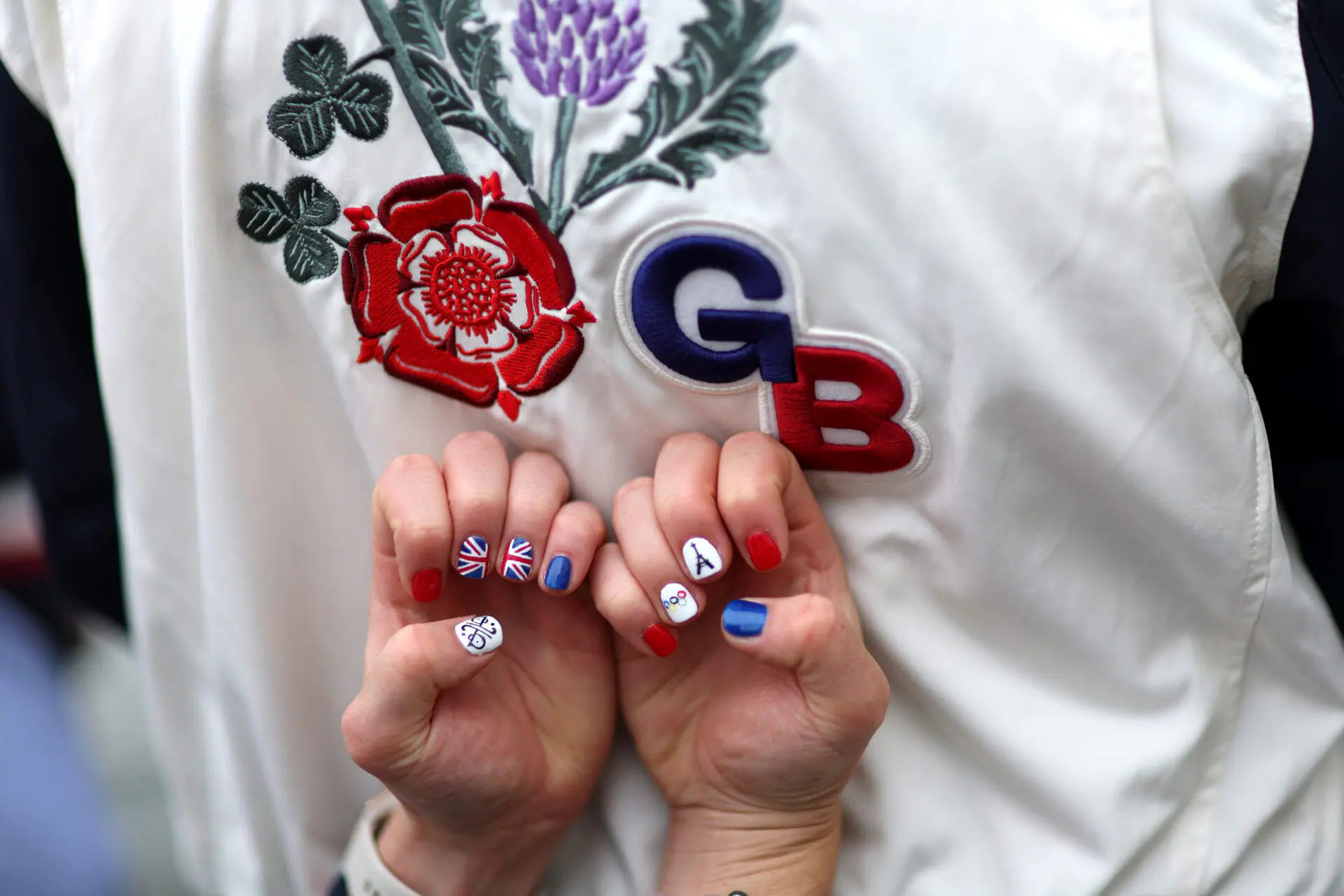 PARIS, FRANCE - JULY 26: A general view of the painted nails of an athlete from Team Great Britain prior to the opening ceremony of the Olympic Games Paris 2024 on July 26, 2024 in Paris, France. (Photo by Naomi Baker/Getty Images)