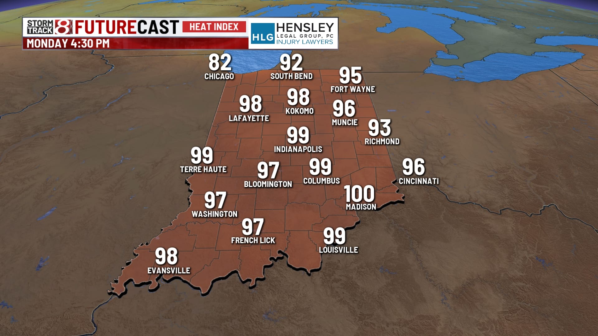 Heat index values peaking in the upper 90s Monday