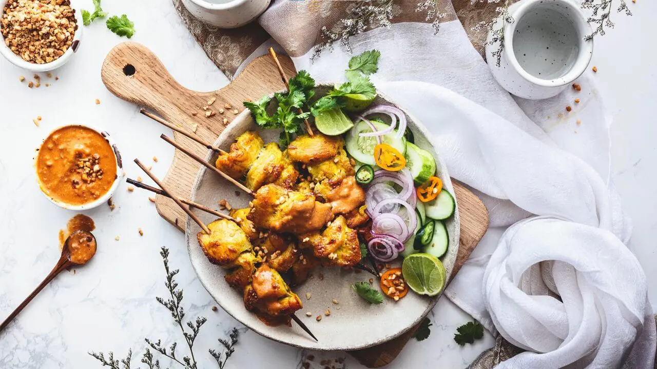 spicy thai chicken kabobs plated