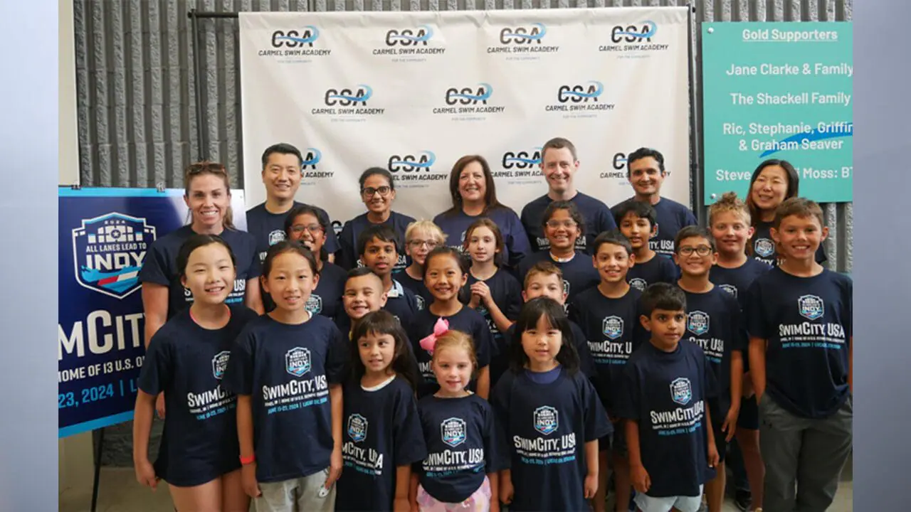 Carmel Mayor Sue Finkam joins Carmel Swim Academy days after temporarily renaming the city “Swim City, USA.” (Photo provided by City of Carmel)