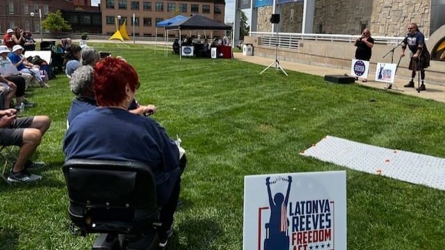 Hoosiers with disabilities, their families and allies gather at White River State Park in Indianapolis to welcome the 2024 Caravan for Disability Freedom and Justice at a rally. Courtesy Melea VanOstrand