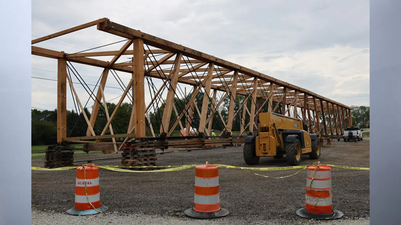 The Bell Ford Bridge is going on a road trip. The bridge, which originally spanned the White River in Jackson County, has been restored and will soon be moved to its permanent home at Geist Park in Fishers, The Hamilton County Reporter Newspaper says. ((Provided Photo/Hamilton County Parks & Recreation via The Reporter)