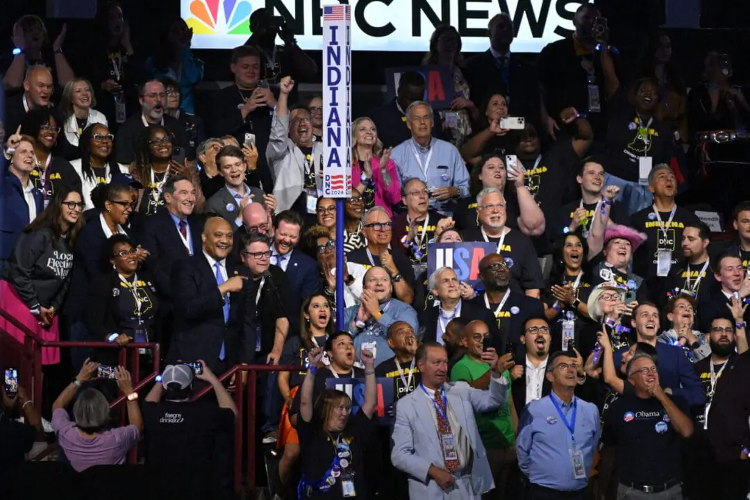 US actor Sean Astin (C-L) speaks alongside Indiana delegates during the ceremonial roll call vote on the second day of the Democratic National Convention (DNC) at the United Center in Chicago, Illinois, on August 20, 2024. Vice President Kamala Harris will formally accept the party's nomination for president at the DNC which runs from August 19-22 in Chicago. (Photo by SAUL LOEB/AFP via Getty Images)