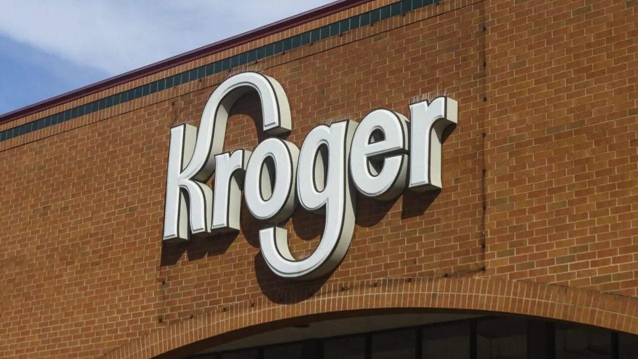 A Kroger sign is seen on a store in Streator, Illinois, on Oct. 15, 2022. Kroger and Albertsons will defend their plan to merge – and try to overcome the U.S. government’s objections – in a federal court hearing scheduled to begin Monday in Oregon.(Beata Zawrzel/NurPhoto via Getty Images)