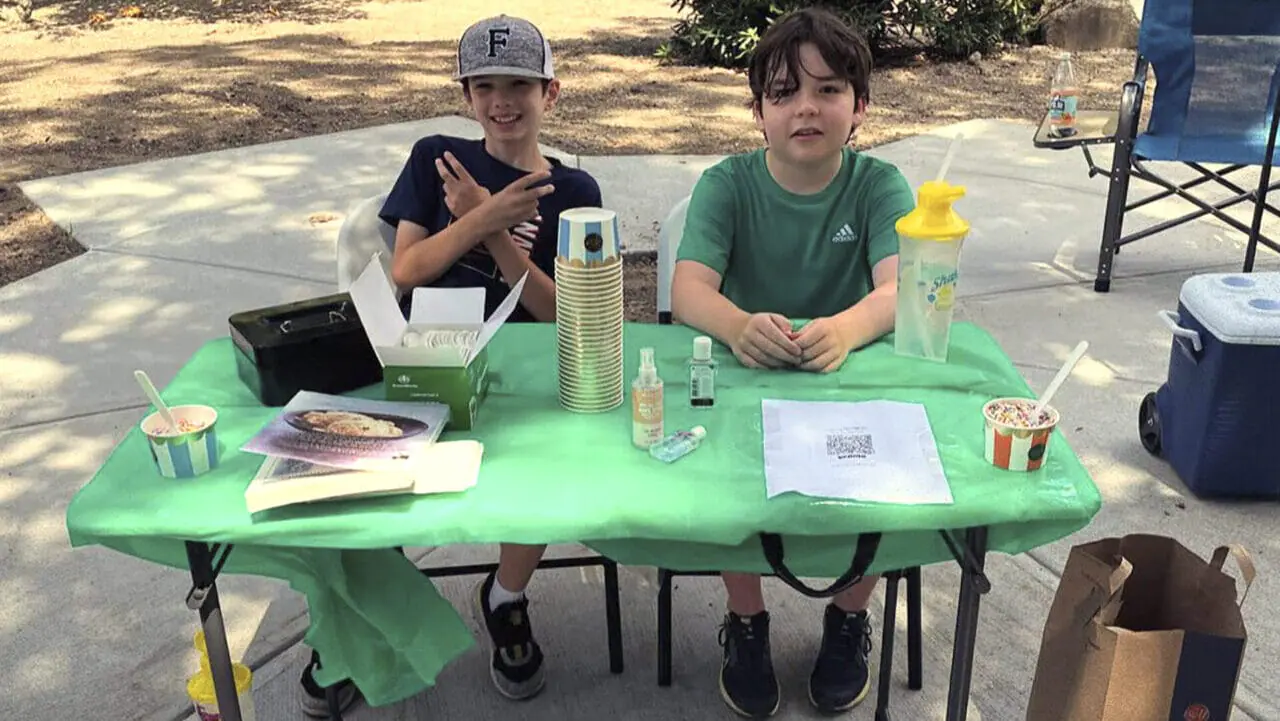 In this Saturday, Aug. 3, 2024 photo provided by Nancy Doherty, Ben Doherty, of Braintree, Mass., left, and his cousin Danny Doherty, 12, of Norwood, Mass., right, sit at a homemade ice cream stand near Danny's home in Norwood. (Nancy Doherty via AP)