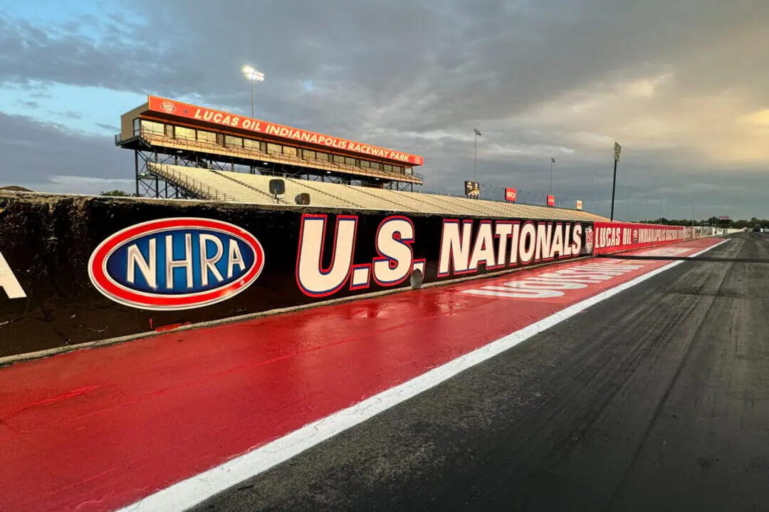 The drag strip at Lucas Oil Raceway Park in Brownsburg, Ind., is quiet on the morning of Aug. 28, 2024. The 70th annual NHRA U.S. Nationals run through Monday, Sept. 2. (WISH Photo/Colin Baillie)