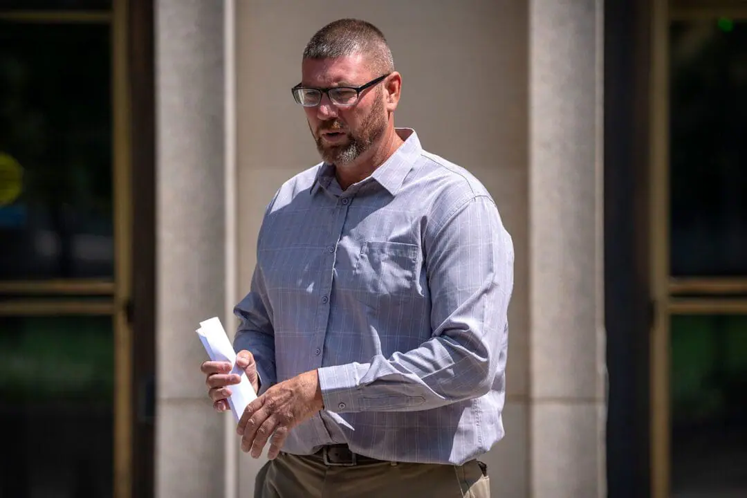 Michael Sparks, the first rioter to enter the Capitol on Jan. 6, 2021, leaves federal court on Aug. 27, 2024, in Washington. (Photo by Mark Schiefelbein/AP via CNN Newsource)