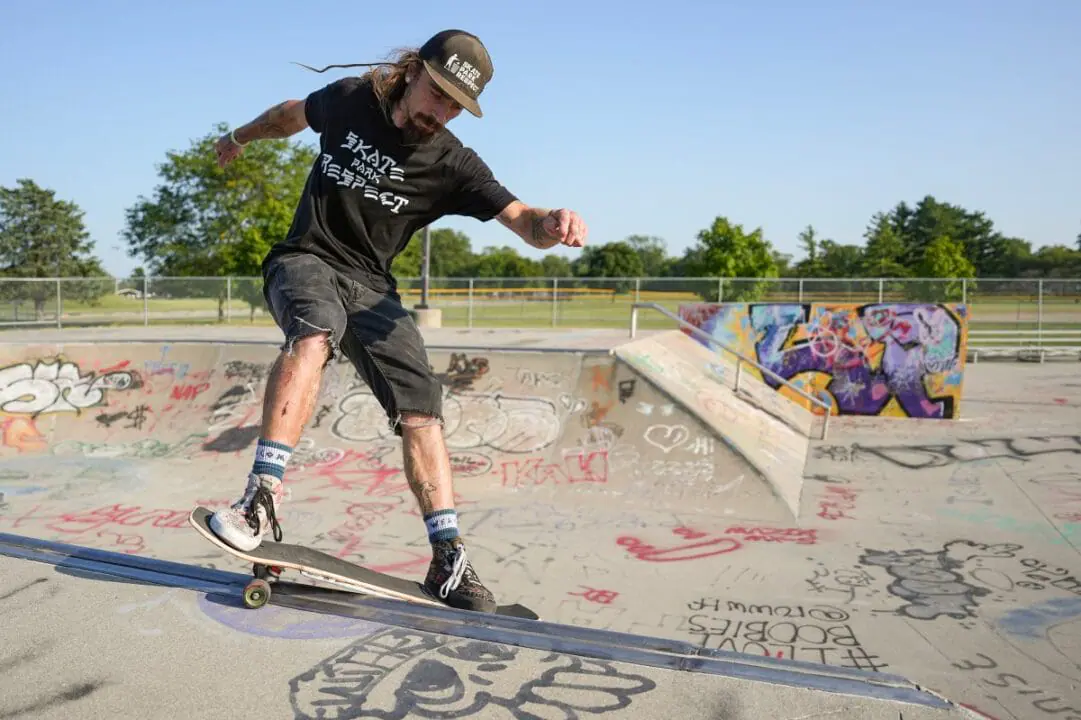 Casper Jones skates Aug. 26, 2024, at Lawrence Community Skate Park. Jones is working with a group of local skaters and Lawrence officials to clean up the park. (Photo by Jenna Watson/Mirror Indy)