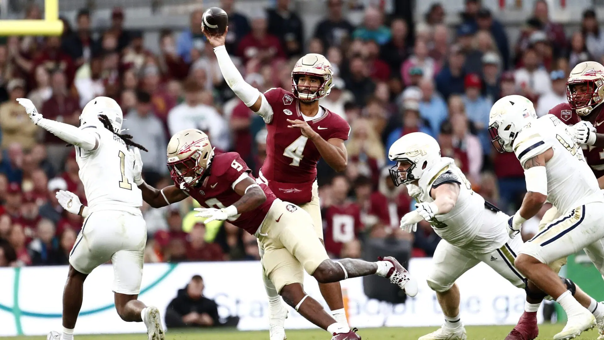 Florida State's DJ Uiagalelei throws the ball during the NCAA college football game between Georgia Tech and Florida State at the Aviva stadium in Dublin, Saturday, Aug. 24, 2024. A federal judge on Thursday probed the terms of a proposed $2.78 billion settlement of antitrust lawsuits against the NCAA and major conferences and revealed a potential snag in the deal, questioning whether payments to college athletes from booster-funded organizations should be restricted.(AP Photo/Peter Morrison)