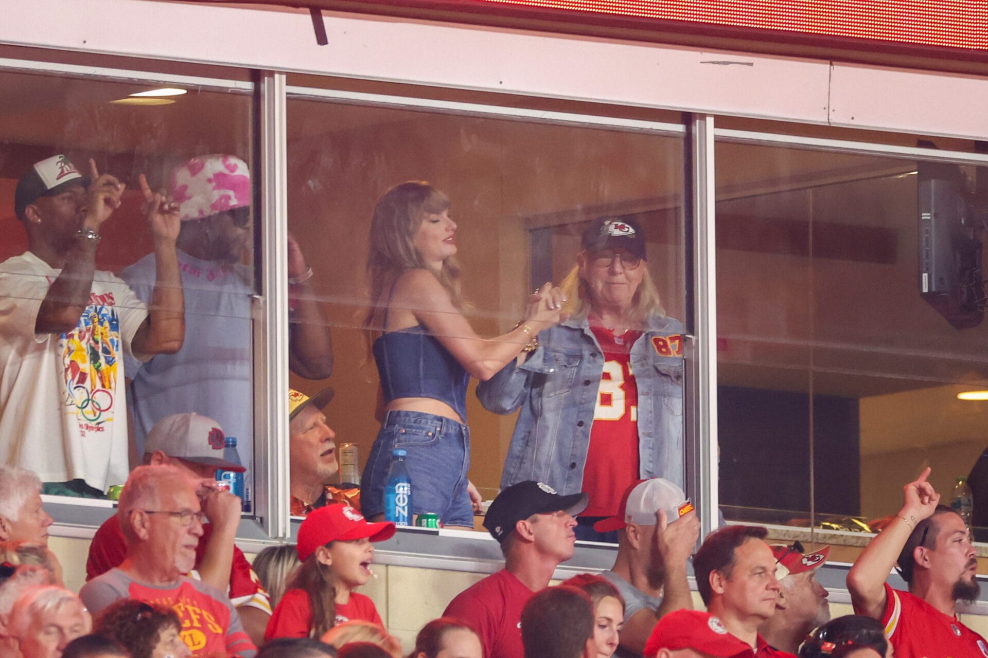 Taylor Swift reacts with Donna Kelce as the Kansas City Chiefs take on the Baltimore Ravens during the fourth quarter at GEHA Field at Arrowhead Stadium on September 05, 2024 in Kansas City, Missouri. (Photo by Christian Petersen/Getty Images)