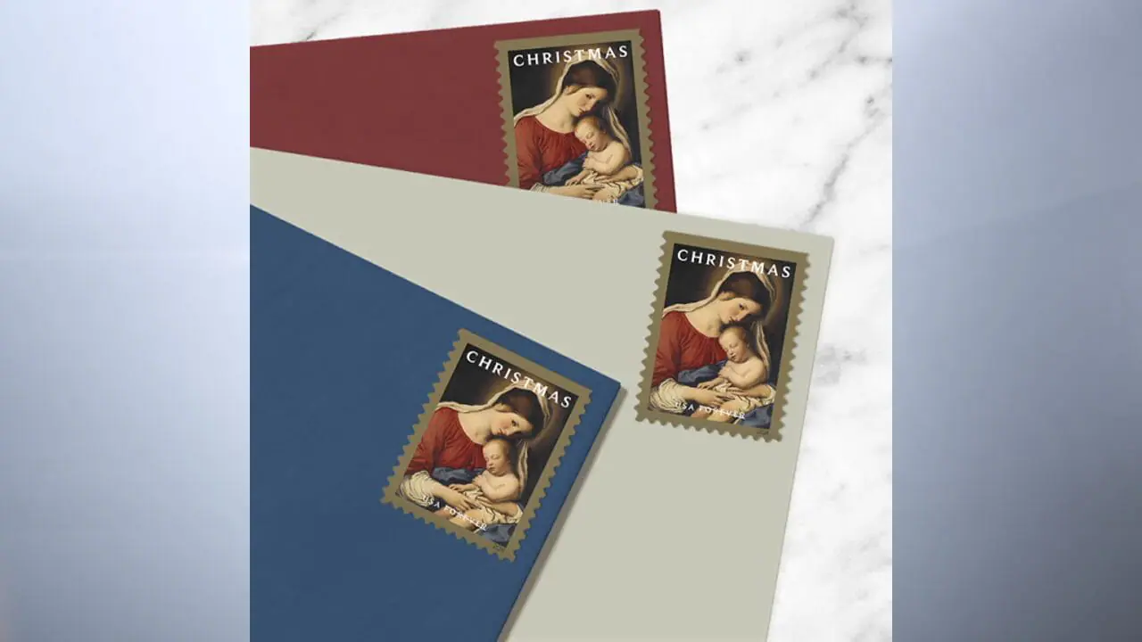 The 2024 USPS 'Madonna & Child' Christmas stamp features the painting Madonna and Child from the Workshop of Sassoferrato (Italian, 1609-1685) from the Indianapolis Museum of Art’s permanent collection. The US Postal Service and Newfields will hold a special stamp dedication event on Tuesday, Sept. 17. (Provided Photo/USPS)