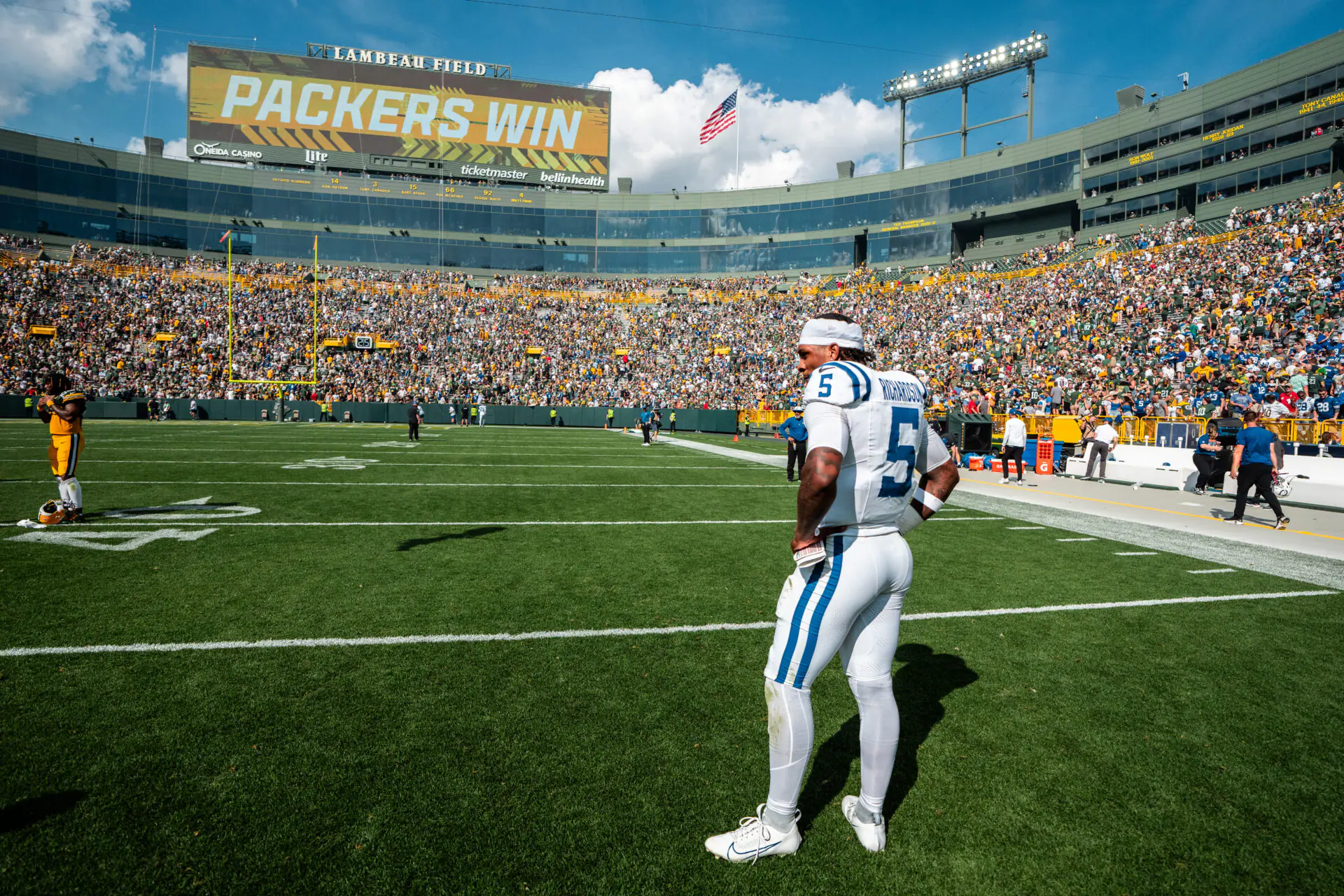 Indianapolis Colts quarterback Anthony Richardson #5 stands on the field following an NFL football game against the Green Bay Packers at Lambeau Field on September 15, 2024 in Green Bay, Wisconsin. (Photo by Todd Rosenberg/Getty Images)