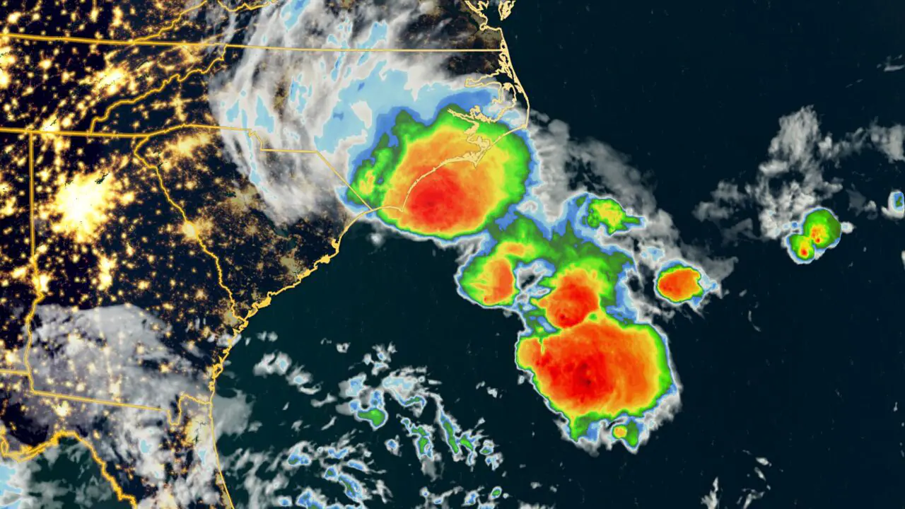 Heavy rainfall and gusty winds are hitting portions of the Carolinas Monday morning as a system that could become Tropical Storm Helene draws closer to the South Carolina coast. (Photo by CNN Weather via CNN Newsource)