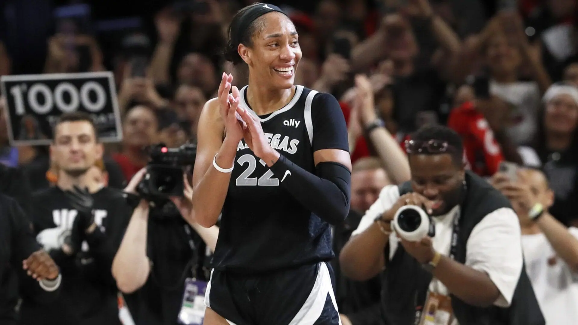 Las Vegas Aces center A'ja Wilson (22) celebrates during the second half of a WNBA basketball game against the Connecticut Sun, Sunday, Sept. 15, 2024, in Las Vegas.