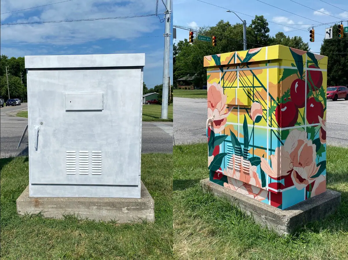 A traffic signal box on the intersection of Epler Avenue and Bluff Road, before and after local artist Christina Hollering painted it.