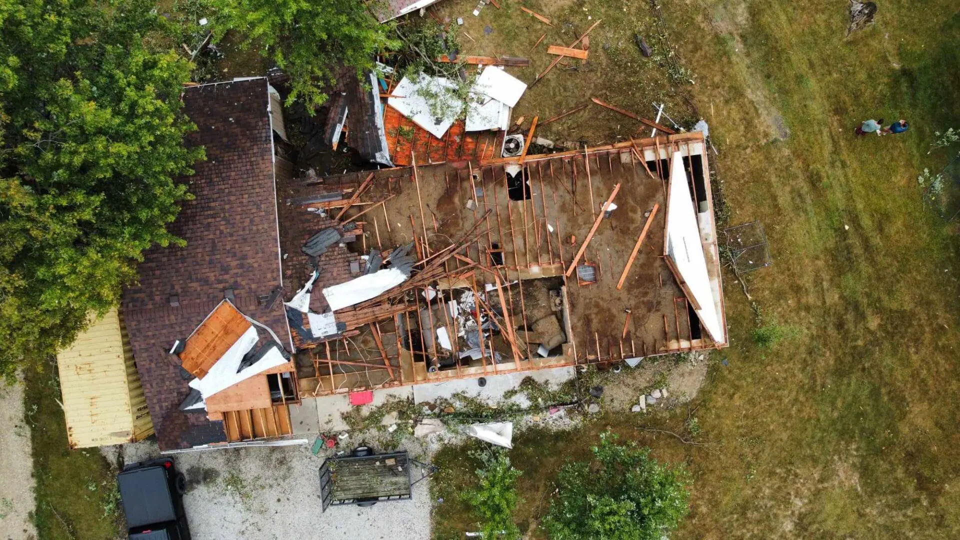 The town of Portland in Jay County, Indiana, saw damage from a likely tornado on Sunday evening. This view from the Avi8or shows a home with almost all of its roof ripped off. (WISH Avi8or Photo)