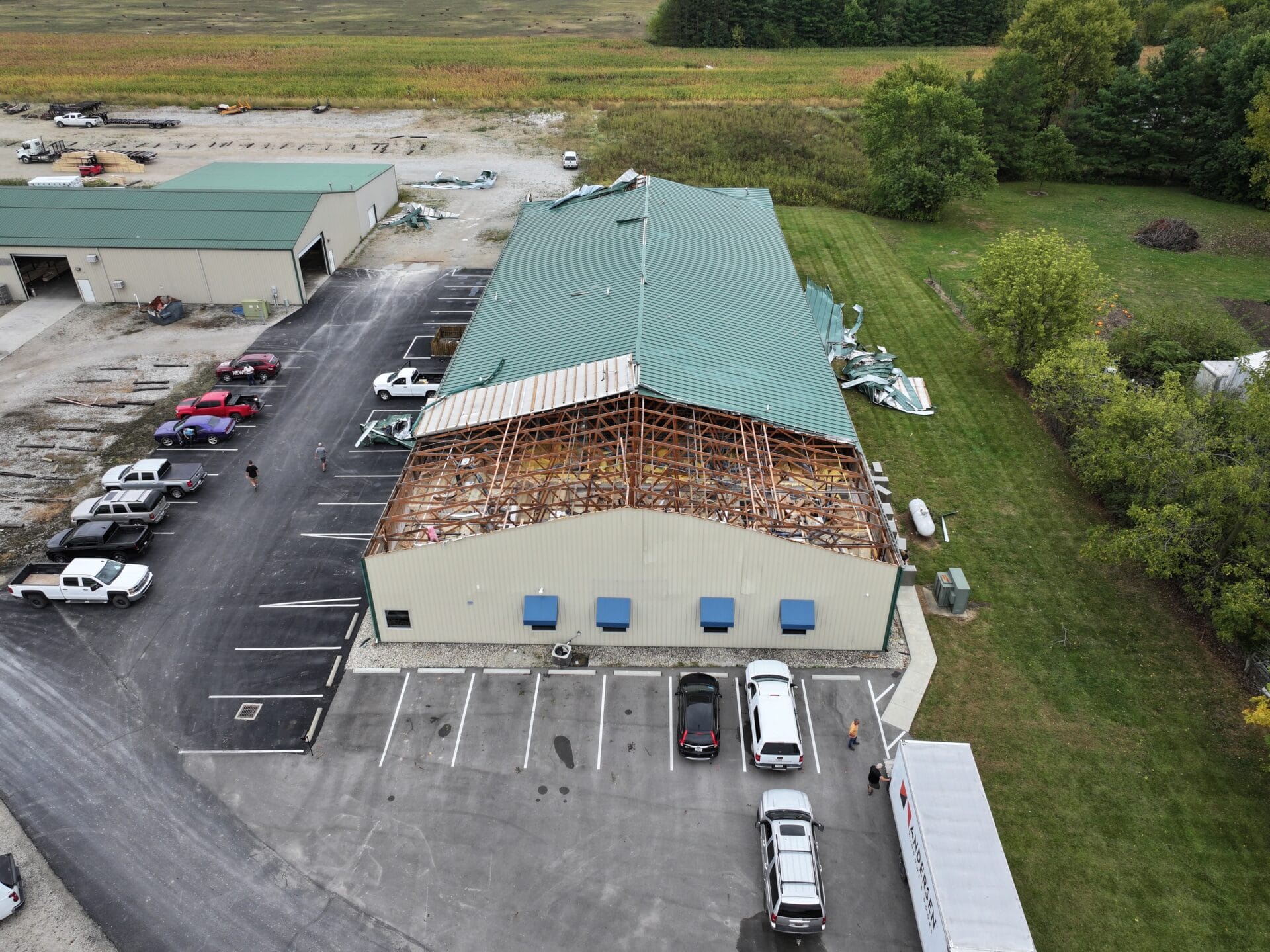 Severe weather rolled into Delaware County, Indiana, on Sunday, Sept. 22, causing serious damage to a construction business. Images from the Avi8or drone show scenes of destruction, including a building with part of the roof sheared off, at TK Construction in Yorktown. (WISH AVI8OR PHOTO)