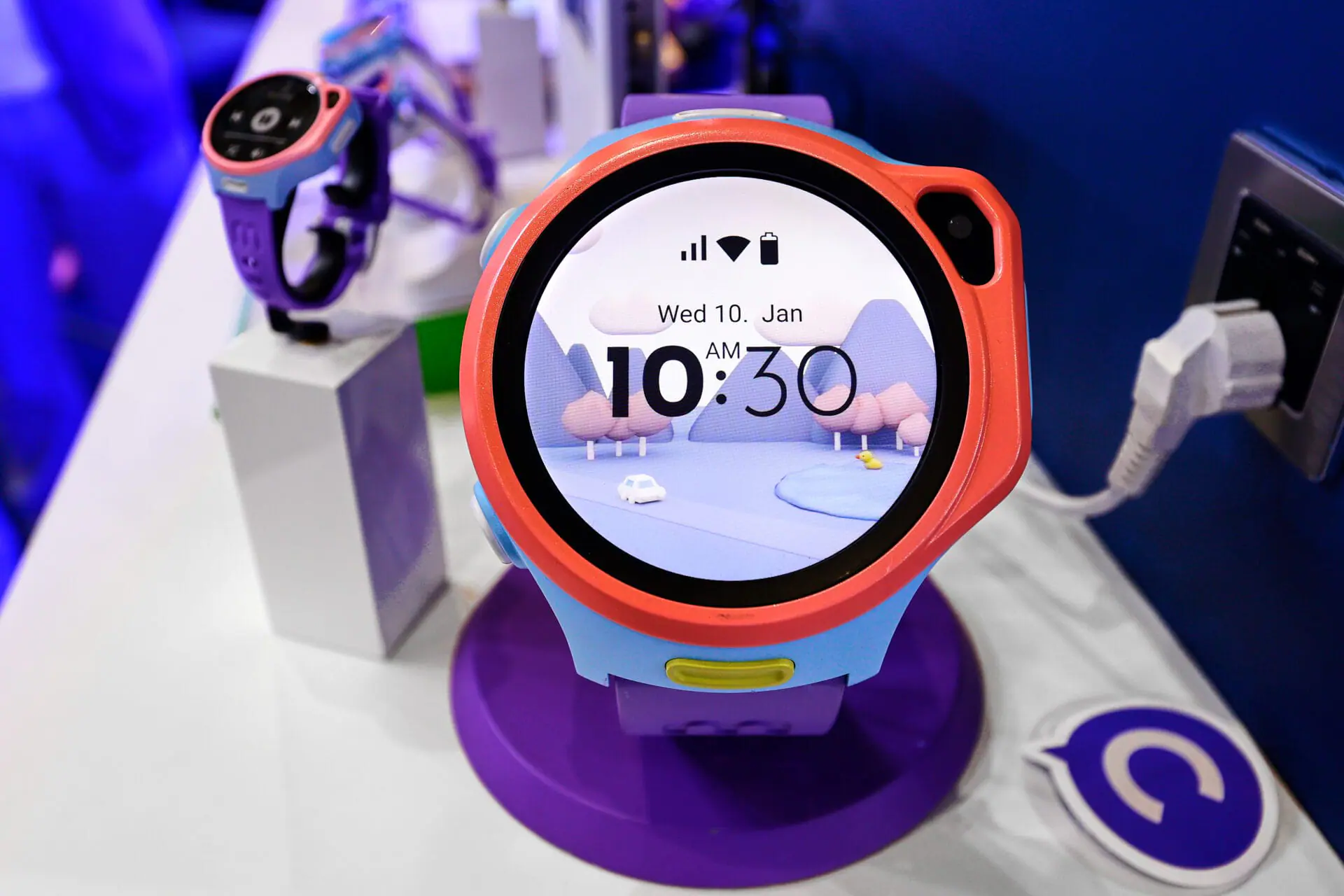 The myFirst One R1, a smartwatch designed for kids by the Singaporean company myFirst, is being exhibited at the Mobile World Congress 2024 in Barcelona, Spain, on April 2, 2024. This smartwatch, tailored for children, features a camera, tracking system, and allows calls and messaging to parent-defined contacts. (Photo by Joan Cros/NurPhoto via Getty Images)