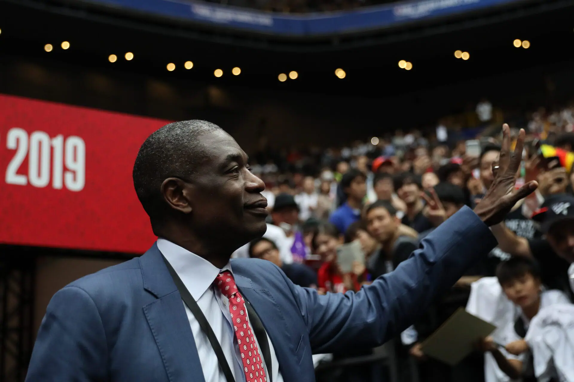 SAITAMA, JAPAN - OCTOBER 10: NBA Legend Dikembe Mutombo enters the court prior to the preseason game between Toronto Raptors and Houston Rockets at Saitama Super Arena on October 10, 2019 in Saitama, Japan. (Getty Images)