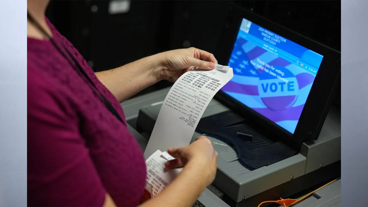 Workers conduct a public test of voting machines Friday, April 5, 2024, at the Marion County Election Board Service Center on the east side of Indianapolis. State law requires 5% of a county’s voting machines to be tested publicly ahead of an election. (Photo by Jenna Watson/Mirror Indy)