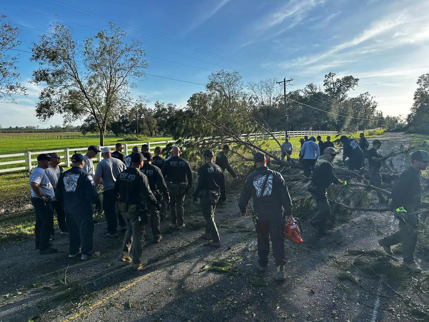 Indiana Task Force 1 in Florida to assist moving debris and fallen trees in Florida in the aftermath of Hurricane Helene on Sept. 27, 2024. INTF-1 said they would move to western North Carolina on Sept. 30 to aid in evacuation and search and rescue efforts. (Provided Photo/Indiana Task Force 1 via Facebook)